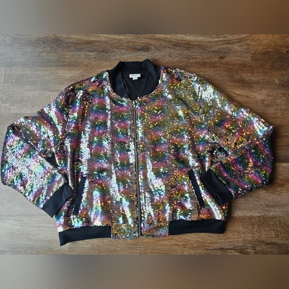 LULAROE ELEGANT STEVIE BOMBER JACKET size XL Rainbow Sequins Zipper Pocket - Picture 3 of 10